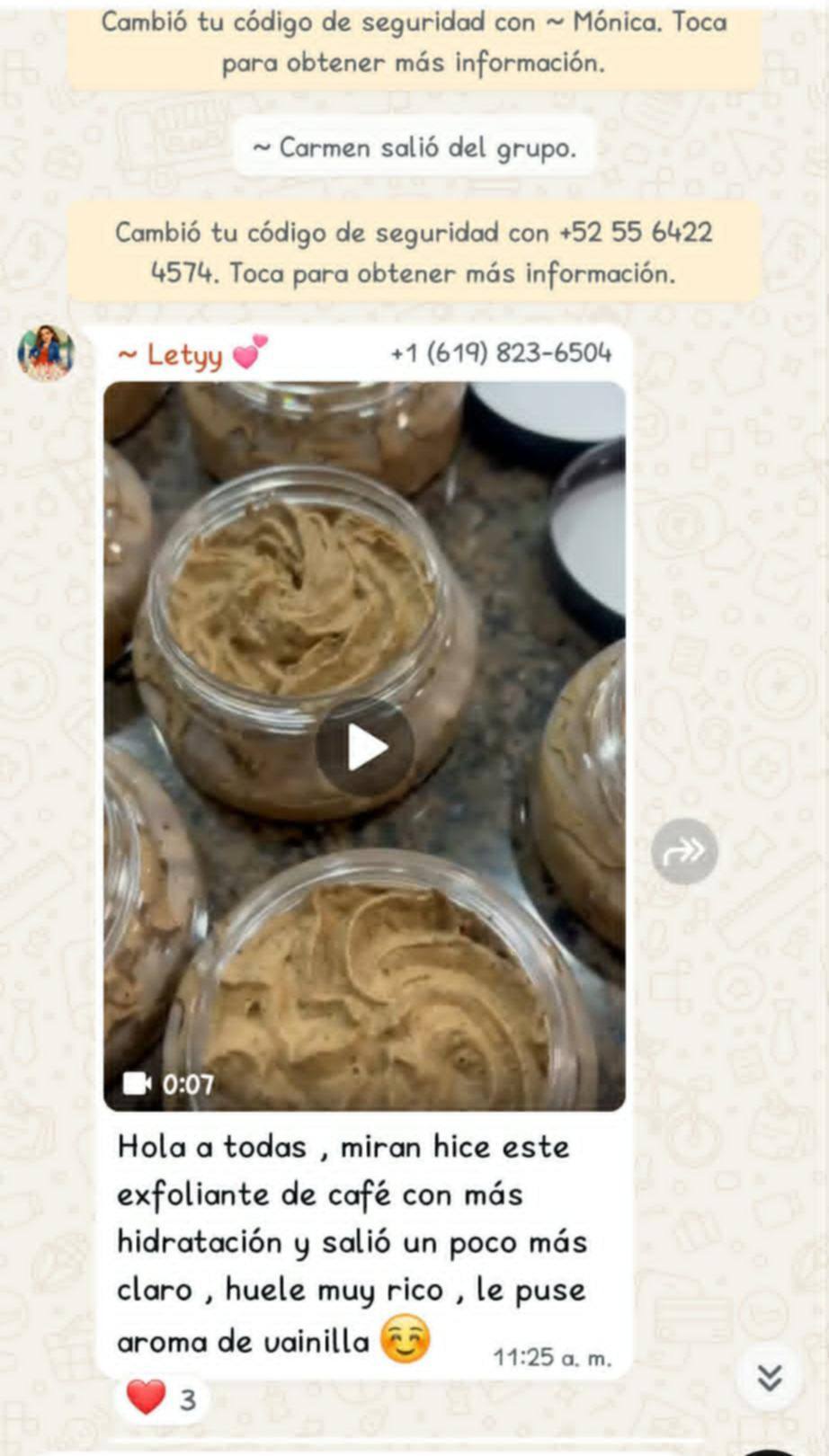 Student WhatsApp testimonial showing handmade coffee body scrub with vanilla scent