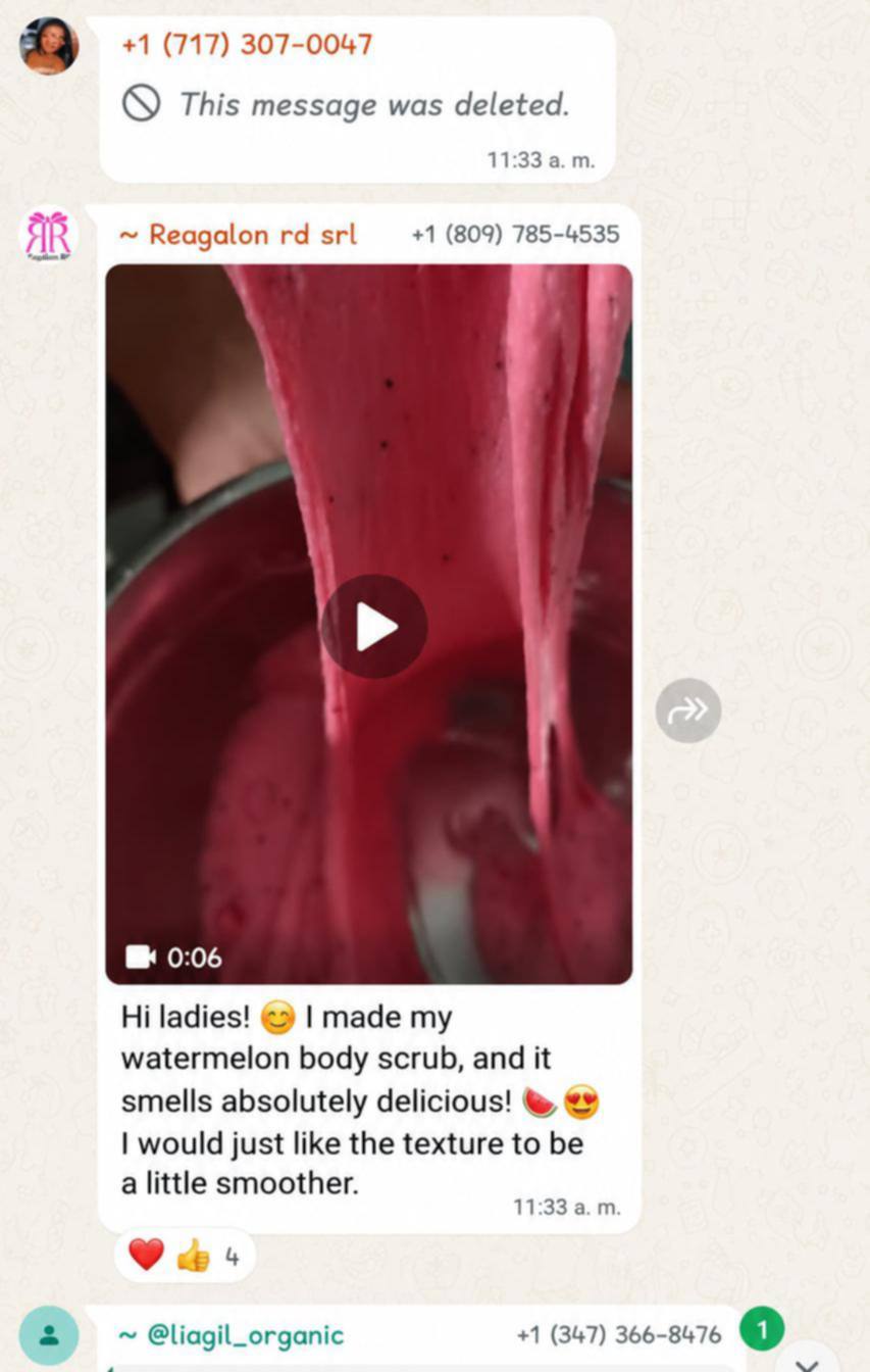 Student WhatsApp testimonial showing handmade watermelon body scrub