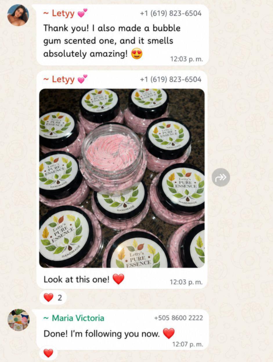 Student WhatsApp testimonial showing bubble-gum scented scrub jars with custom Letty's Pure Essence branding